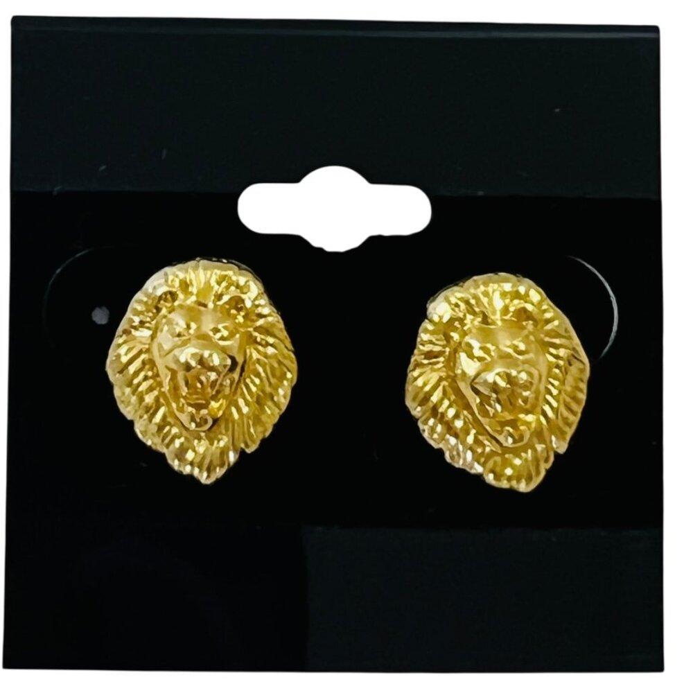 VTG Signed KJL Kenneth Jay Lane Gold Plated LION HEAD Stud Earrings Pierced